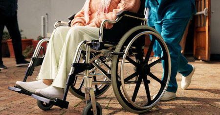 Wheelchair, nurse and support with legs of old woman for healthcare, occupational therapy and help....