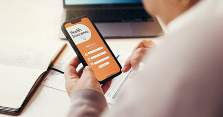 Phone screen, health insurance and ui with hands of senior person for application, app or sign up....