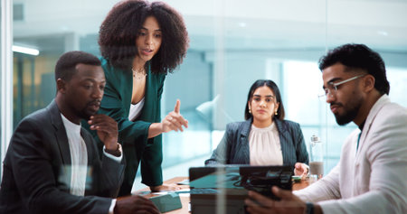 Business people, meeting and laptop for planning in office, insurance proposal or feedback. Manager,...