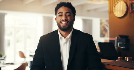 Portrait, business and man in office, smile and accounting specialist with confidence. Face, person and corporate professional with financial company, risk management and career ambition with successの写真素材