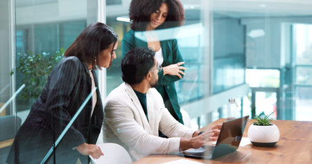 Collaboration, laptop and review with business people in boardroom together for discussion or...