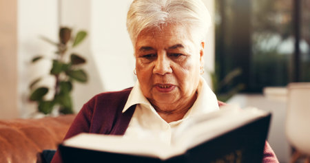 Relax, reading and senior woman with bible in home for worship, faith and spiritual wellness....