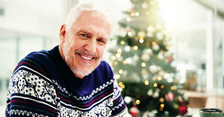 Christmas, portrait and mature businessman in office, pride and confident editor in chief. Xmas,...