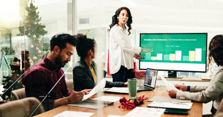Christmas, presentation or review with business people in boardroom for December sales performance....