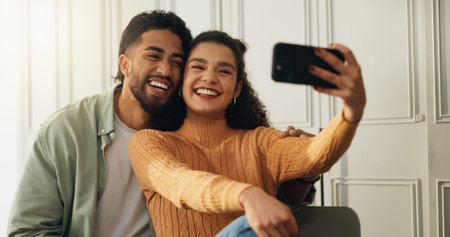 Bonding, couple and selfie in house, together and affection for memory on social media and laughing....