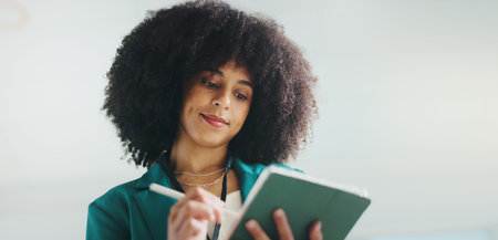 Tablet, business woman and graphic designer for idea, inspiration or insight thinking. Planning,...