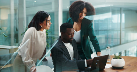 Teamwork, research or business people on laptop for economic news or investment info. Collaboration, project or financial advisor with women in meeting for profit, accounting report or finance budgetの写真素材