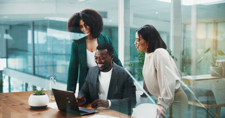 People, meeting and mentor with laptop in office of accounting, training and financial feedback. Staff, teamwork and manager with pc for planning, review budget and information of investment proposalの写真素材