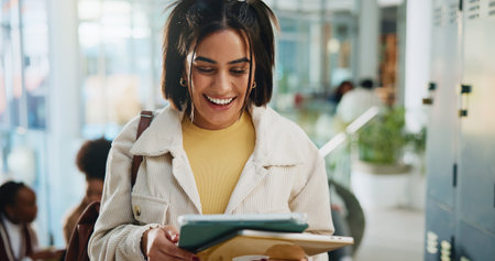 University, student and woman with tablet, online reading and email with test results, scholarship and smile. College, higher education and person with tech, achievement or internship opportunityの写真素材