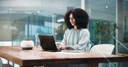 Laptop, finance and business woman in office for online proposal, budget report and risk assessment. Professional, financial consultant and person on computer for tax review, research and planningの写真素材