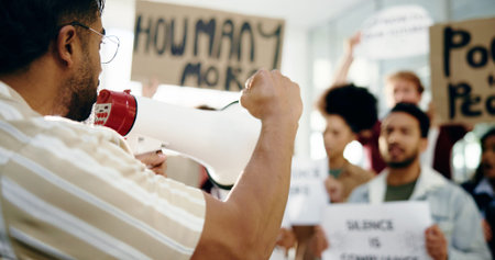 Social justice, protest and people with megaphone, opinion or community with movement for awareness....