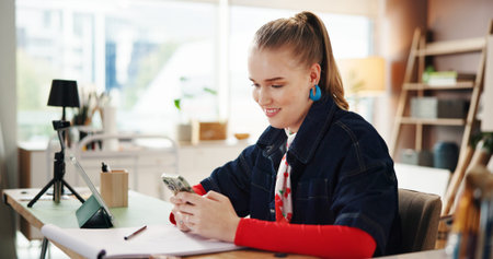 Woman, artist and phone with texting at workshop, smile and contact for deal, networking or web...