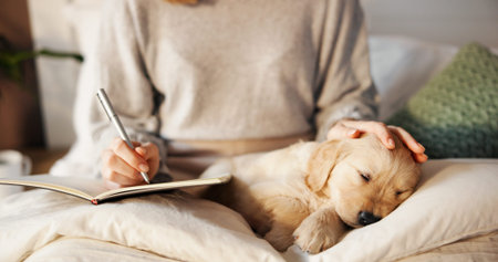 Owner, sleeping and writing with puppy on lap of person in bedroom of home for bonding or relax. Break, dog or notebook with pet labrador and woman on bed in apartment for loyalty or securityの写真素材