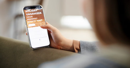 Person, hands and phone screen with app for sign up, registration or planning holiday in home....