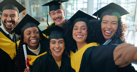 Woman, selfie and friends at college graduation with smile, portrait and diploma for education goals. People, students and happy group with photography, celebration and social network at universityの写真素材