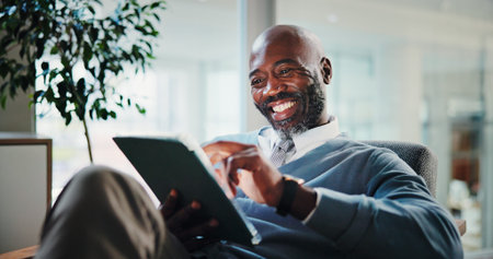 African businessman, tablet and happy at office with scroll, results and notification at investing...