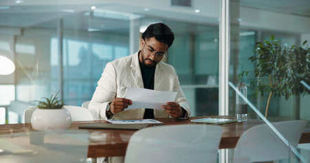 Business, documents and man in office, thinking and reading with audit checklist. Financial agency,...