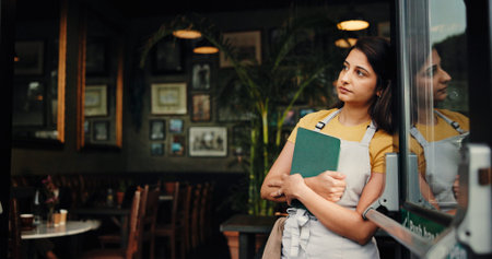 Waitress thinking, stress or woman at cafe with tablet for inflation, bankruptcy or financial...