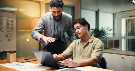 Teamwork, laptop and business people in office for advice, project management and planning for...
