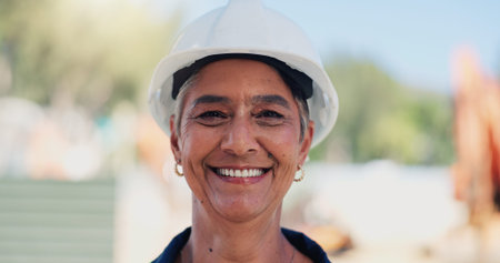 Architecture, portrait and smile of construction worker woman outdoor for civil engineering....
