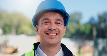 Man, architect and happy at construction site, portrait or pride for career with urban...