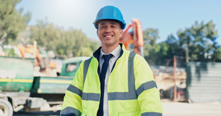 Man, architect and happy at construction site, portrait or pride for urban infrastructure...
