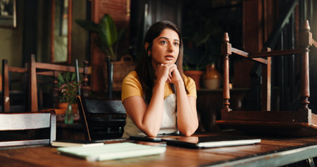 Business, thinking and woman in cafe, choice and decision with creative project, copywriting or...