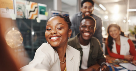 Portrait, woman and selfie with team in office for photography, social media post and career pride. Smile, people and about us, profile picture update and memory with staff collaboration in workplaceの写真素材