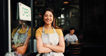 Happy woman, portrait or open with confidence in cafe for small business startup or welcome. Female...