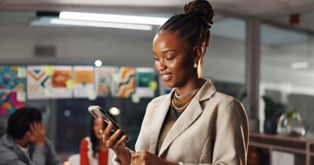 Happy, phone and reading with business woman in office for social media manager, communication and research. Online branding, networking and marketing campaign with person in creative agency for webの写真素材