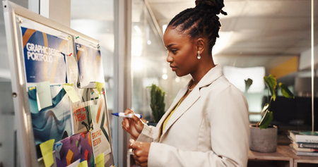 Black woman, whiteboard and planning with posters in office for advertising agency or brainstorming. Female person, event planner or project with layout for graphic design portfolio or marketingの写真素材