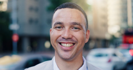 City, portrait and smile of lawyer man on street for commute to court for legal representation. Law firm, justice and trust with happy attorney outdoor in urban town for professional travel.の写真素材