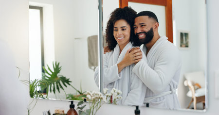 Mirror, smile and hug with couple in bathroom for hygiene, morning routine and together in home....