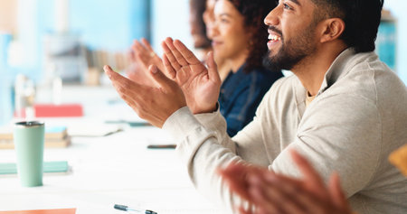 Startup, team applause and business people in meeting for company goals, achievement and success. Creative agency, office and workers clapping hands for support, praise and collaboration in workshopの写真素材