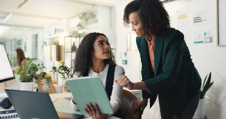 Business, help and women with teamwork, tablet and advice with feedback for news report. Internet,...