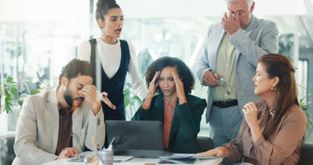 Stress, business people and laptop in office, group and frustrated with bankruptcy. Poor investment,...