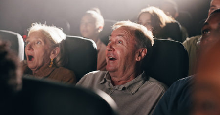 Horror, man and movie in theater with shock for spooky scene, thriller premiere and entertainment....