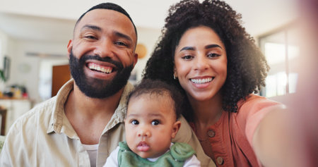 Parents, selfie and smile with baby, home and portrait with bonding, memory or photography with love. People, mother and father with infant child, profile picture and happy on social media in Brazilの写真素材