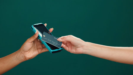 Hands, POS machine or tap credit card in studio for electronic transaction, payment or purchase....