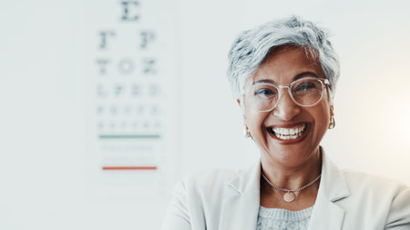Mature woman, optometrist and portrait at clinic with smile, glasses and chart for eyesight assessment. Person, optician and happy with pride, confidence and eye care services for vision in Mexicoの写真素材