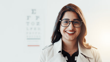 Happy woman, optometrist and portrait at clinic with glasses, career and chart for eyesight assessment. Person, optician and smile with pride, confidence and eye care services for vision in Mexicoの写真素材