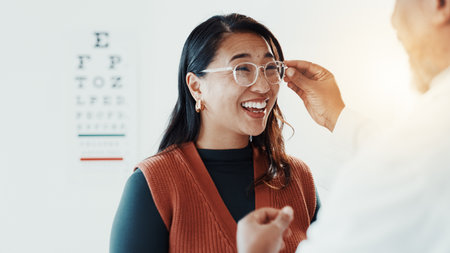 Vision, optometry and glasses with woman and doctor for eye care, results and consulting. Healthcare, ophthalmology and smile with patient in clinic for exam, eyesight and new prescription or frameの写真素材