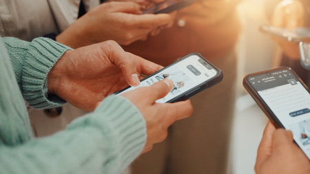 Hands, phone and sharing with employee people in circle at work for communication or networking. Huddle, information transfer and team with business group in office together for mobile connectivityの写真素材
