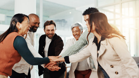 Teamwork, motivation and hands together of business people with mission for trust, support and group...
