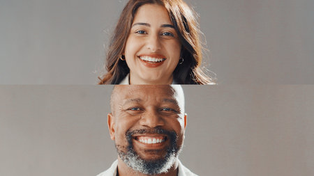 Collage, happy and portrait of business people in studio for about us, company staff and team. Professional, corporate and face of man and woman with confidence, pride and smile on white backgroundの写真素材