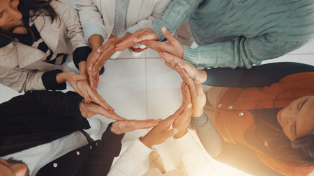 Business people, hands circle and above for teamwork, support or collaboration with goals. Employees, group and together with connection for mission, target and staff synergy for unity or partnershipの写真素材