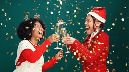 Happy women, christmas or celebration with champagne in studio for festive on a green background. Female people, excited friends or cheers with glass or gold confetti for new year or december holidayの写真素材