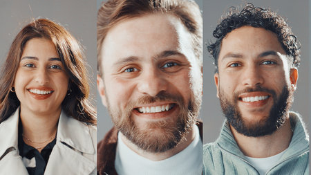 Collage, smile and portrait of business people in studio for about us, company staff and team. Professional, career and face of men and woman with confidence, pride and happy on white backgroundの写真素材