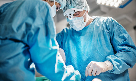 Theatre, operation or surgeons with teamwork for emergency, people or healthcare help in hospital clinic. Surgery procedure, icu or doctors in surgical collaboration in operating room to supportの写真素材