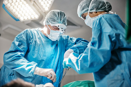 Theatre, tools or surgeons with teamwork for emergency, accident or healthcare help in hospital...